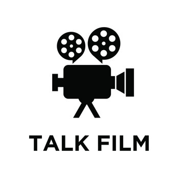 Talk Film logo featuring vintage movie camera with film reels as speech bubbles, ideal for cinema discussion, movie review, or podcast icon