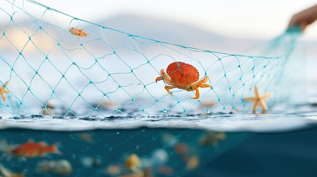 Orange crab caught in a blue fishing net with starfish and shells floating in the water, blurred mountains visible in the background