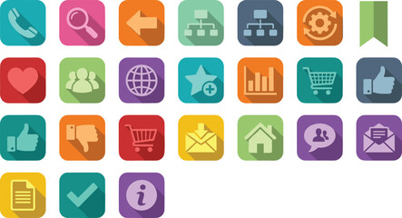 Fototapeta premium Colorful Flat Design User Interface Icons with Long Shadows for Web, App, and Digital Communication Projects