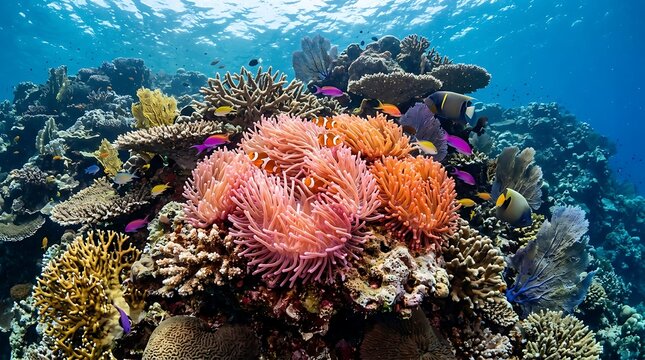 Vibrant coral reef with underwater sea anemone and colorful fish