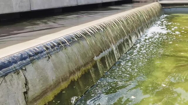 Water flows steadily over a smooth concrete ledge into a rippling pool within a modern architectural fountain. Concept of urban tranquility, architectural design, and public space aesthetics