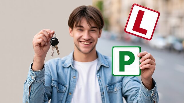 Happy teen holding car keys and L and P plates