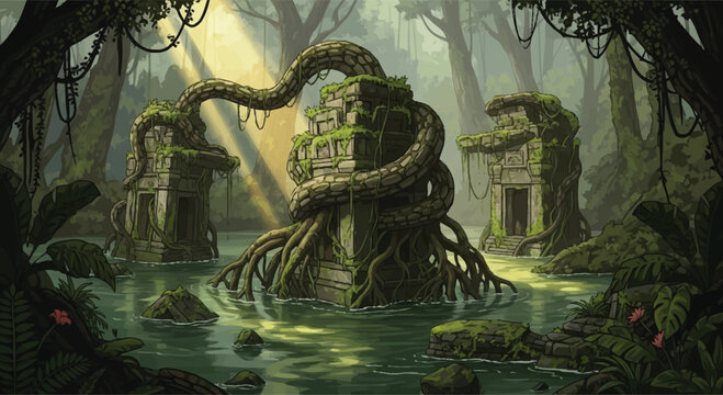 Ancient Stone Ruins Enveloped by Giant Snake in Lush Tropical Jungle Landscape