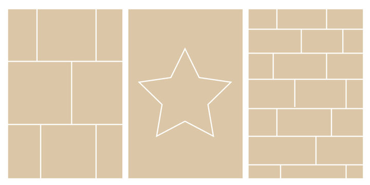 Image collage layout template. Beige mosaic mood board grid collection. Picture frame set. Photo album idea for banner, poster, comic page, flyer, brochure, booklet, memory wall design. Vector pack
