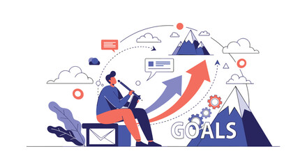 Fototapeta premium Focused professional looking through a telescope towards mountain peaks and growth arrows representing business goals.