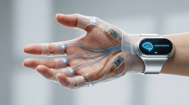 Futuristic neural interface wearable glove on hand tracking bio data