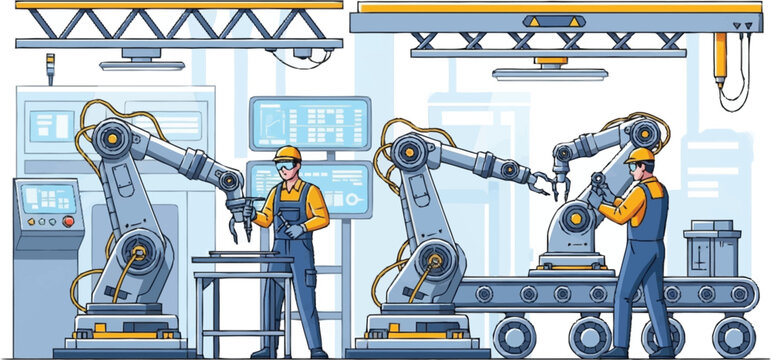 Workers operating robotic arms on a factory production line in an illustration