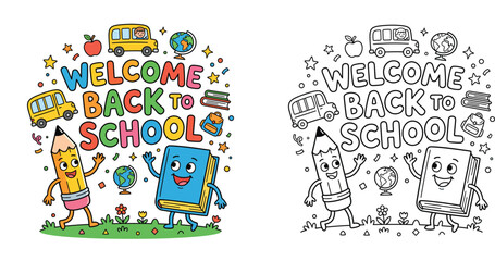 Naklejka premium Welcome Back to School Cartoon Illustration for Coloring Book