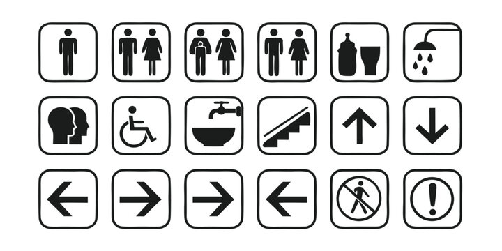 Collection of modern black and white pictograms for signs and symbols for public spaces like restrooms elevators and directions