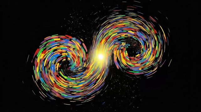 Abstract colorful brush strokes form a dynamic swirling pattern on black background