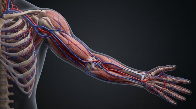 Anatomical 3D Illustration of Human Arm Muscles, Bones, and Circulatory System showing Arteries and Veins