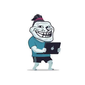 Trollface Character Holding Laptop, Internet Meme Character with Computer