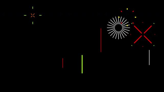 Simple 2D geometric firework animation with alpha channel featuring colorful line bursts and circular shapes on a black background for motion graphics and celebration projects