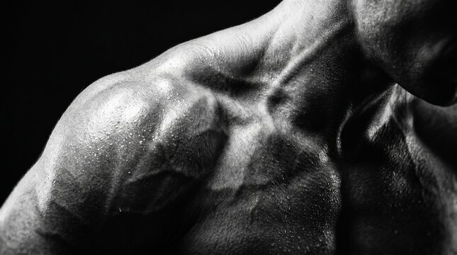Close up of muscular shoulder and neck of a male bodybuilder with sweat and visible veins in black and white