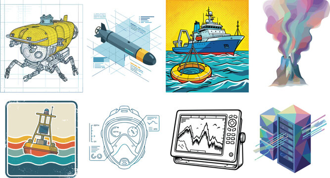 A versatile collection of deep sea exploration and oceanography vector icons featuring submersibles, research vessels, sonar equipment, and marine technology.