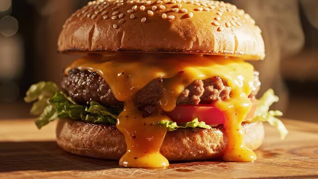 Juicy cheeseburger with melting cheese and rising steam. Hot beef burger on wooden table. Gourmet fast food concept