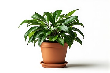 Fototapeta premium A potted plant with lush green leaves sits on a saucer indoors.