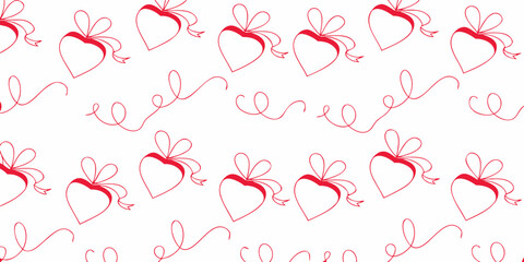 Red heart shape gift boxes with ribbons and bows hand drawn seamless pattern background for romantic valentine day greetings and wedding celebration decoration © Sadhin07