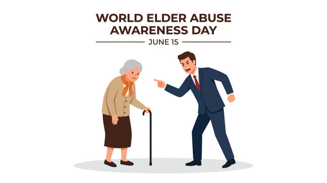 Professional vector illustration of a man aggressively shouting at an elderly woman with a cane