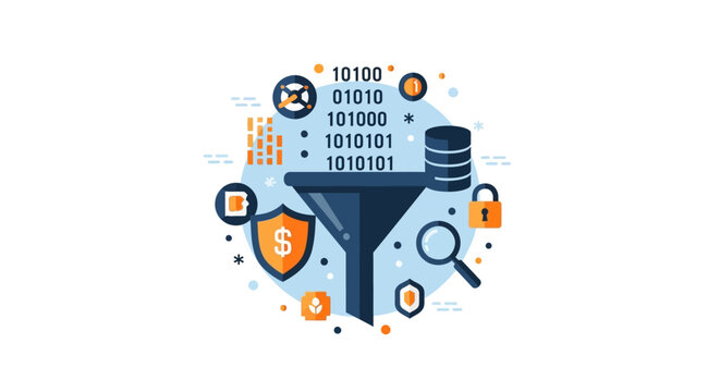 Data Processing and Information Filtering Illustration with Funnel, Binary Code, Security Icons, and Analytics Symbols for Big Data Management