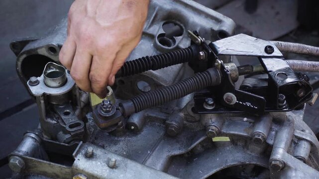 old gear shift box from a front-wheel drive car installing cables and shifting gears disassembly for repair