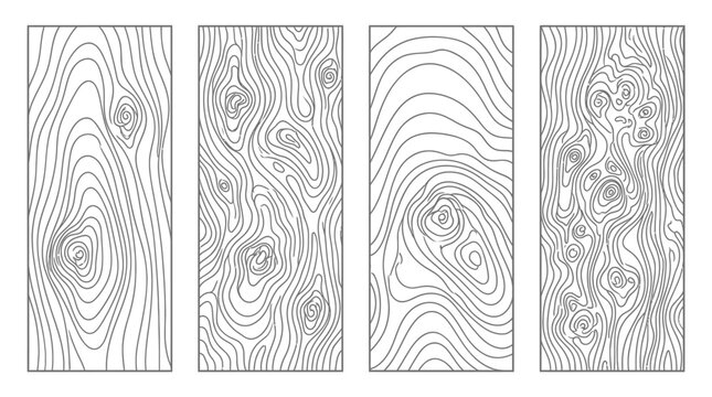 Four vertical rectangular panels featuring detailed black and white hand drawn wood grain vector patterns