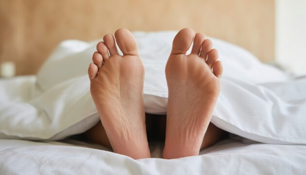 Close-up of a person's bare feet sticking out from under a white duvet on a bed.