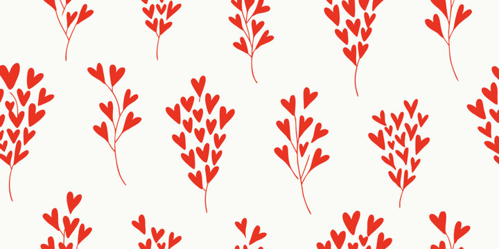 Seamless pattern with stylized red heart shaped leaves on white background romantic floral vector illustration