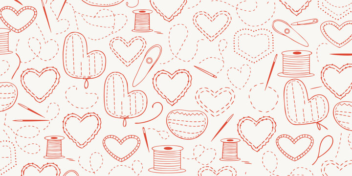 Seamless sewing pattern with outlined red hearts, scissors, needles, thimbles, and spools of thread on a light background, hand-drawn vector illustration