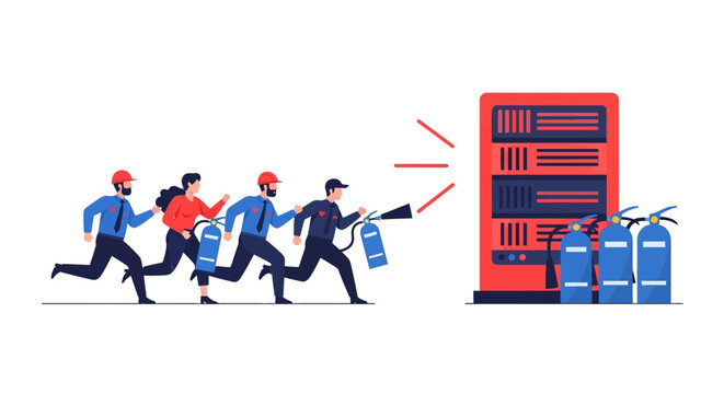 IT Support Team Responding to Server Room Emergency and Data Center Crisis, Cybersecurity Management Flat Vector Illustration