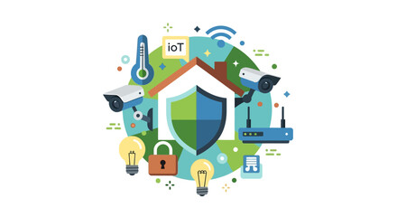 Fototapeta premium Smart Home Security and Automation Concept Vector Illustration with IoT Devices, Surveillance Cameras, and Shield Icon for Residential Protection