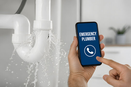 Homeowner Using Smartphone to Call Emergency Plumber for Leaking Kitchen Sink Pipe, Urgent Water Leak and Plumbing Repair Service Concept