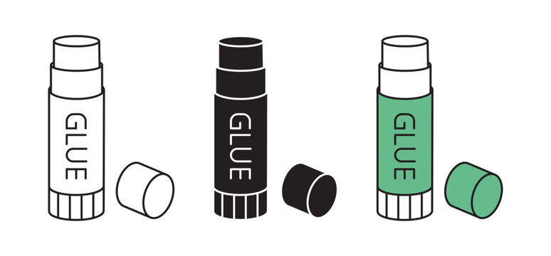 Glue stick vector icon set in three styles. Outline with editable stroke, solid silhouette and flat color fill illustration of open cylindrical adhesive tube with cap off.