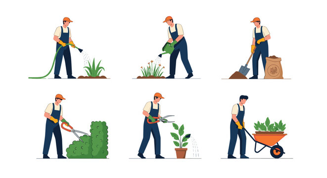 Set of professional gardeners performing seasonal tasks including watering plants, pruning bushes, and digging in the garden.