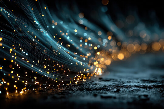 Abstract Fiber Optic Light Trails with Glowing Particles on Dark Background