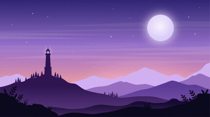Lighthouse night landscape with full moon and mountains vector purple background © Teguh