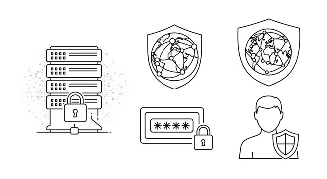 A person secures a server with passwords and shields protecting the globe.
