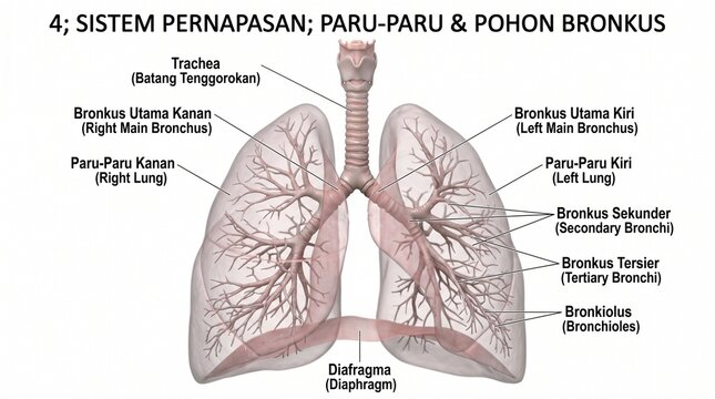 Anatomical Diagram of the Human Respiratory System Showing Lungs and Bronchial Tree with Indonesian and English Labels