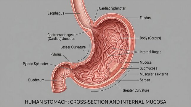 Detailed anatomical diagram of a human stomach cross-section with labels showing internal mucosa, esophagus, and duodenum