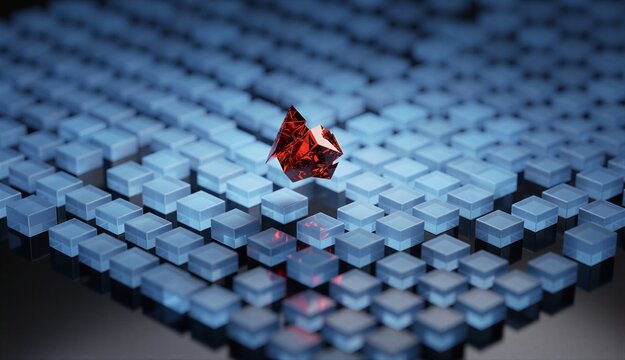 Single red gem on a grid of blue cube stack representing anomaly detection, outlier identification in data matrix.