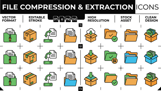 File Compression And Extraction Icon Set With Archives Folders Packages Download And Document Storage Symbols Design