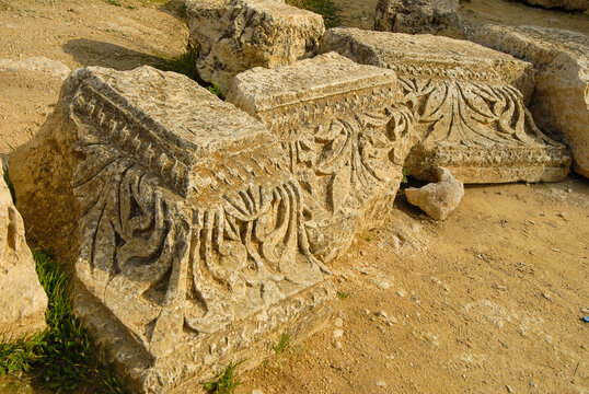 Fragments of architectural decoration from the ancient Roman city of Gerasa, now known as Jerash in Jordan