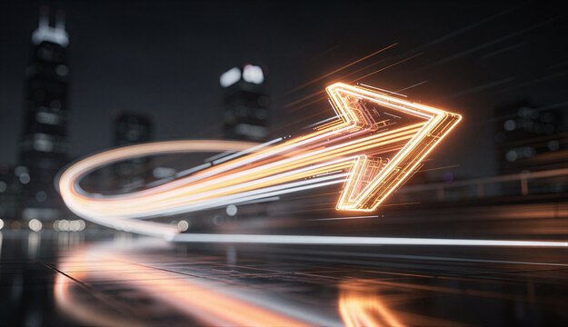 Glowing arrow making a u-turn over a reflective city street at night symbolizing business pivot, strategic reversal, and directional change.