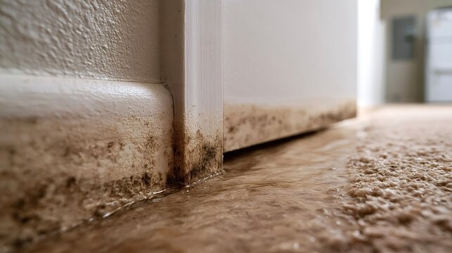 Water damage causing mold and mildew growth on home baseboard