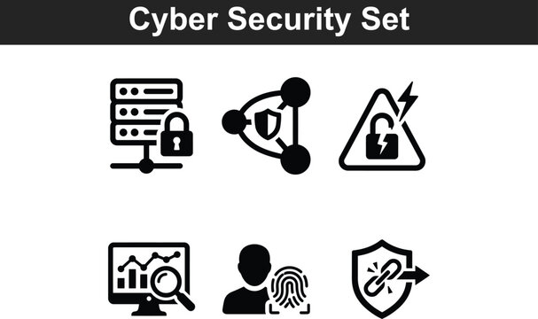Cyber security set with server and padlock, network protection, and data analysis.
