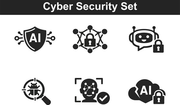Cyber security set with AI shield, network lock, chatbot, bug detection, facial recognition.