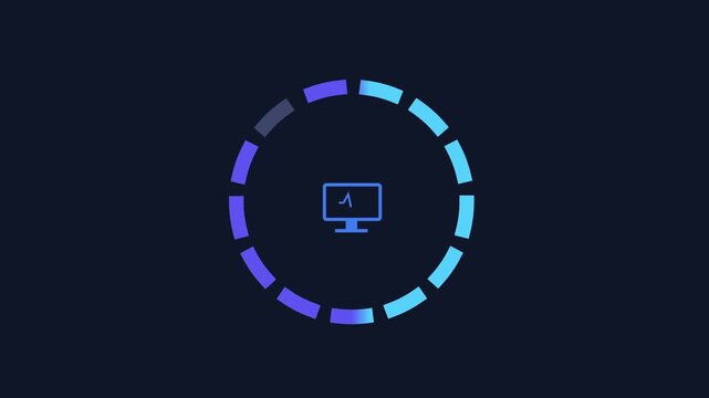 Animated digital interface featuring a computer monitor icon surrounded by a circular progress indicator on a dark background, representing system monitoring, computing, and technology operations.