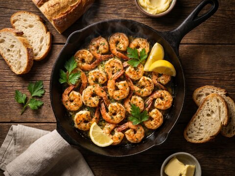 Savory Garlic Shrimp Scampi in Cast Iron Pan with Fresh Parsley and Butter Sauce