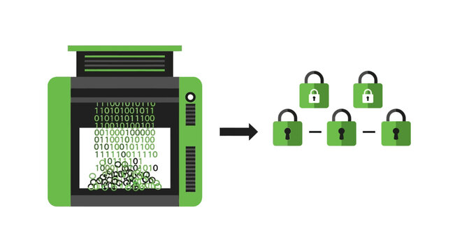 Digital Data Shredding and Cybersecurity Concept with Binary Code Processing into Blockchain Padlock Security, GDPR Compliance and Information Privacy Illustration