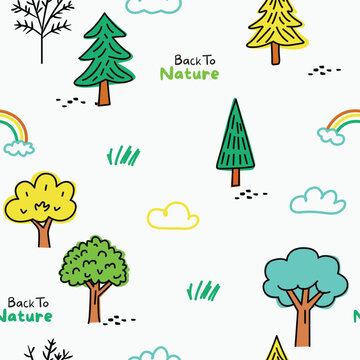 Seamless Pattern with Hand Drawn Trees and Clouds